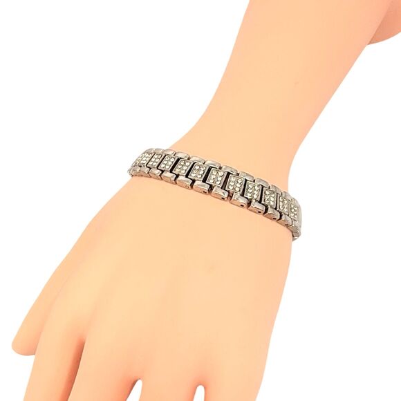 Silver Tone Rhinestone Watch Link Bracelet 7" Shimmering Trendy 90s - Picture 5 of 14